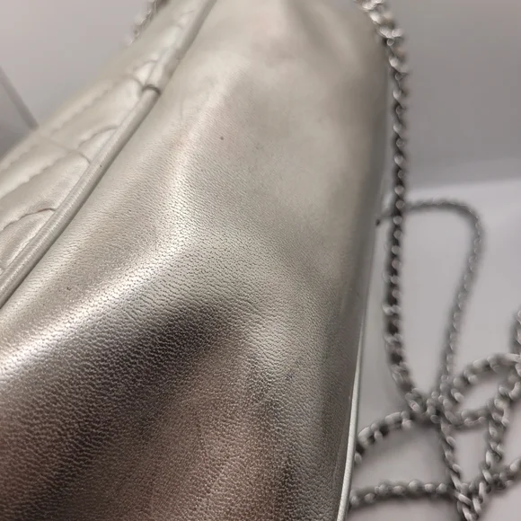 Balmain Silver Quilted Shoulder Bag with Chain Straps